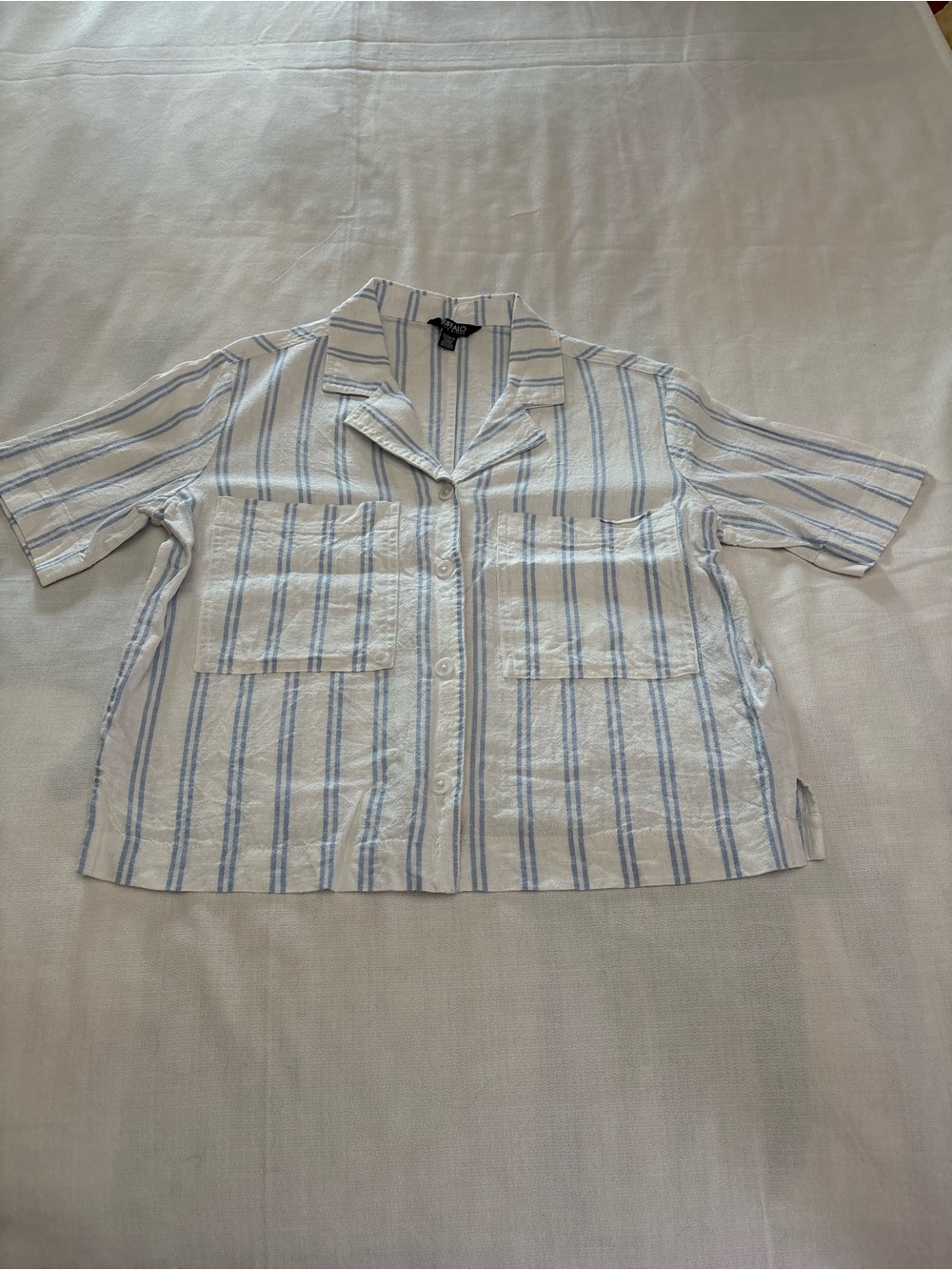 Buffalo David Bitton Blue & White Linen Blend Striped Short-Sleeve Shirt Jacket